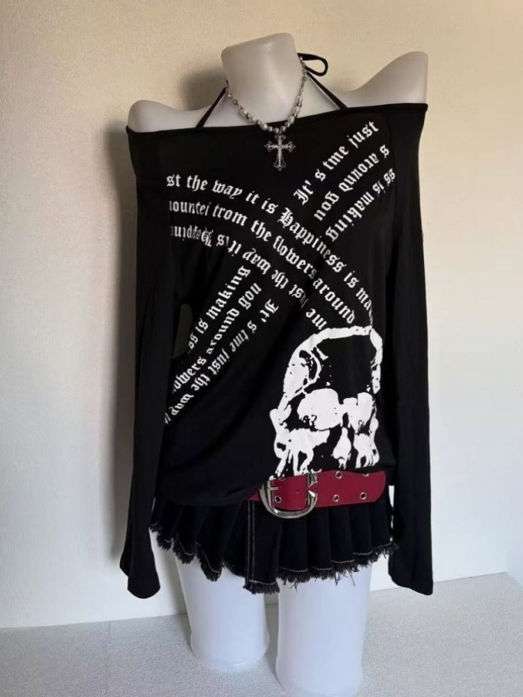 Vintage Fashion Subculture - Damen-T-Shirt im amerikanischen Retro-Stil, dunkler Punk-Totenkopf-Print,