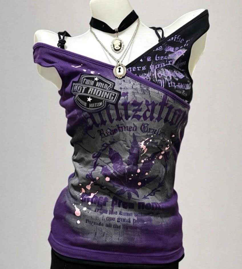 Vintage Fashion Subculture - Gothic T-Shirts Y2k Buchstaben-Grafik Sommer Lila